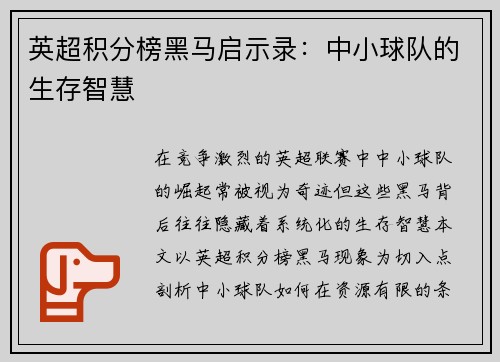 英超积分榜黑马启示录：中小球队的生存智慧